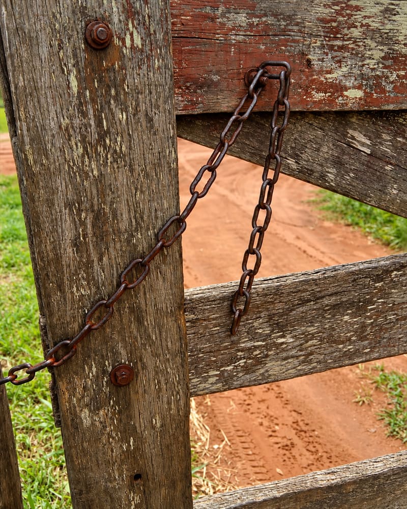 Detalle de una tranquera de madera envejecida, cerrada con una cadena oxidada