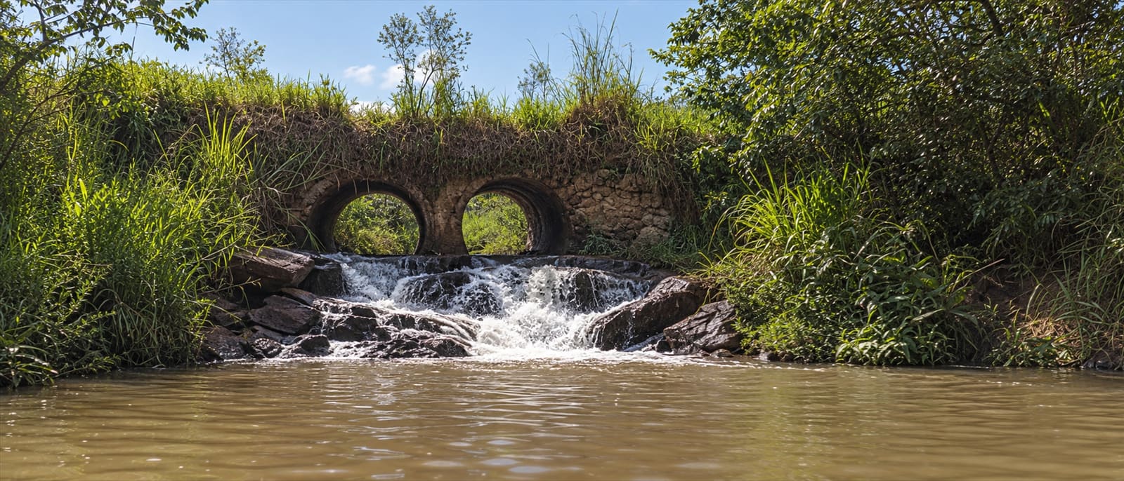 Río que corre entre piedras bajo un puente de dos arcos, rodeado de vegetación
